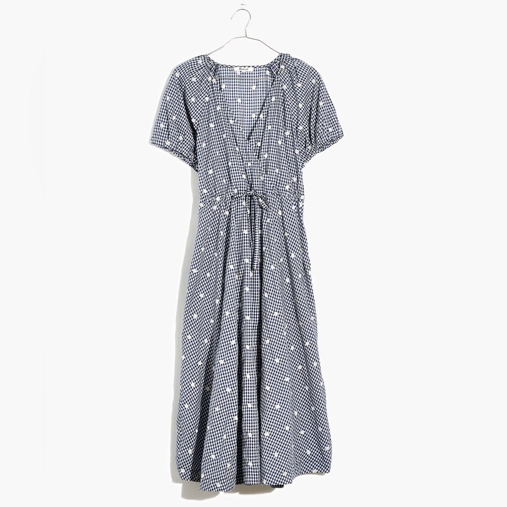 Madewell Embroidered Gingham Faux-Wrap Tie-Waist Midi Dress